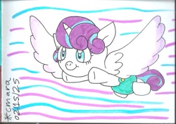 Size: 1141x805 | Tagged: safe, artist:cmara, imported from derpibooru, princess flurry heart, alicorn, baby alicorn, female, flying, smiling, solo