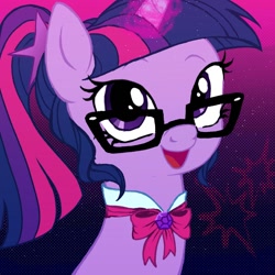 Size: 1000x1000 | Tagged: safe, artist:everlasting_stations, imported from derpibooru, sci-twi, twilight sparkle, alicorn, pony, bowtie, bust, cute, equestria girls ponified, gem, glasses, glowing, glowing horn, gradient background, horn, looking at you, magic, open mouth, open smile, ponified, ponytail, sci-twiabetes, screentone, scrunchie, smiling, smiling at you, solo, twiabetes