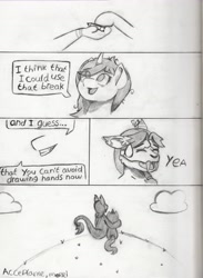 Size: 4802x6544 | Tagged: safe, artist:morrigun, imported from derpibooru, oc, oc only, anthro, pony, unicorn, anthro oc, awkward smile, black and white, bust, cloud, comic, curved horn, description is relevant, furry, grayscale, grin, hand, hill, horn, looking sideways, monochrome, no pony, pencil, pencil drawing, signature, smiling, teary eyes, text, traditional art