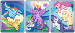 Size: 2130x950 | Tagged: safe, artist:jaye, imported from derpibooru, applejack, fluttershy, pinkie pie, rainbow dash, rarity, spike, twilight sparkle, alicorn, dragon, pegasus, pony, unicorn, my little pony: the movie, balatro, card, horn, joker, mane six, stained glass, twilight sparkle (alicorn)