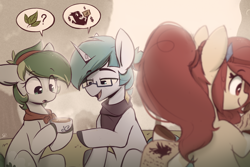 Size: 2960x1980 | Tagged: safe, artist:scribble-potato, imported from derpibooru, oc, oc only, earth pony, pony, unicorn, earth pony oc, food, horn, tea, trio, unicorn oc