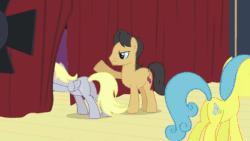 Size: 800x450 | Tagged: safe, imported from twibooru, screencap, derpy hooves, hearth's warming eve (episode), season 2, animated, audience, blinking, butt, cloak, clothes, crowd, curtains, gif, image, my little pony, plot, stage