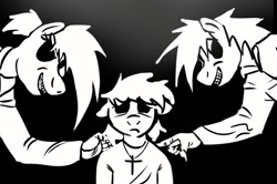 Size: 850x563 | Tagged: safe, artist:juninhooficial, imported from derpibooru, oc, oc only, oc:elmo(juninho and paulinho), oc:juninho, oc:paulinho, anthro, earth pony, black and white, black background, bully, bullying, crucifix, evil grin, gradient background, grayscale, grin, mocking, monochrome, sad, silhouette, simple background, smiling, torment, trio