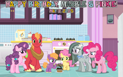 Size: 2064x1287 | Tagged: safe, artist:ambassad0r, artist:anime-equestria, artist:cirillaq, artist:dashiesparkle, artist:not-yet-a-brony, imported from derpibooru, big macintosh, li'l cheese, little mac, marble pie, pinkie pie, sugar belle, earth pony, unicorn, the last problem, 2025, aunt and nephew, birthday, burnt, female, food, happy birthday, honorary aunt, honorary uncle, horn, husband and wife, kitchen, male, may, oops, parent and child, present, shipping, siblings, sisters, straight, sugarmac