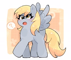 Size: 2048x1718 | Tagged: safe, artist:leo19969525, imported from derpibooru, derpy hooves, pegasus, pony, :o, blushing, cute, derp, derpabetes, female, mare, open mouth, passepartout, question mark, raised hoof, solo, speech bubble, spread wings, wings