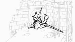 Size: 1280x720 | Tagged: safe, artist:darbedarmoc, imported from derpibooru, oc, oc:julianna, pony, animated, boss battle, castle, chestplate, doodle, elden ring, gif, hammer, jumping, morgott, potion, scared