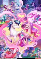 Size: 5000x7105 | Tagged: safe, artist:holivi, artist:lummh, imported from derpibooru, fluttershy, princess cadance, princess celestia, princess luna, queen chrysalis, rainbow dash, rarity, shining armor, twilight sparkle, alicorn, changeling, changeling queen, earth pony, pegasus, pony, unicorn, comic:the princess of love, a canterlot wedding, absurd file size, absurd resolution, canterlot castle, canterlot castle interior, cave, clothes, crystal, disguise, disguised changeling, dress, fake cadance, female, green magic, heart, horn, indoors, marriage, messy mane, mind control, my little pony, speech bubble, unicorn twilight, wedding, wedding dress