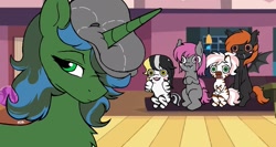 Size: 1535x815 | Tagged: safe, artist:dsstoner, artist:tamers12345, imported from derpibooru, oc, oc only, oc:frostfire, oc:fruitful melody, oc:ivana, oc:kailani, oc:rc, bat pony, pony, zebra, blushing, drool, eyelashes, pretty, redraw, wide eyes