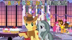 Size: 2063x1161 | Tagged: safe, artist:cloudy glow, artist:jhayarr23, artist:laberoon, imported from derpibooru, braeburn, cheese sandwich, li'l cheese, marble pie, pinkie pie, earth pony, pony, the last problem, 2025, balloon, birthday, birthday party, boyfriend and girlfriend, braeble, cake, cheesepie, confetti, cupcake, female, food, happy birthday, husband and wife, looking at each other, looking at someone, male, mare, may, parent and child, party, present, shipping, smiling, smiling at each other, stallion, straight