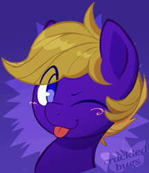 Size: 1201x1398 | Tagged: safe, artist:crackledbugs, imported from derpibooru, oc, oc only, oc:wing front, pegasus, pony, :p, blue eyes, blushing, brown mane, bust, male, one eye closed, pegasus oc, purple fur, simple background, stallion, tongue out, wings, wink