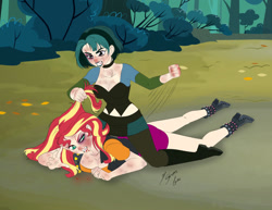 Size: 1280x990 | Tagged: safe, artist:shinta-girl, imported from derpibooru, sunset shimmer, human, equestria girls, catfight, couple, duo, duo female, female, fight, forest, gwen (total drama), nature, outdoors, total drama, tree