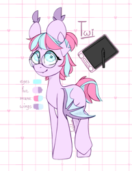 Size: 1095x1419 | Tagged: safe, artist:twistytwee, imported from derpibooru, oc, oc only, oc:twi, bat pony, pony, bat pony oc, bat wings, cute, glasses, graphics tablet, ponysona, reference, reference sheet, smiling, solo, wings