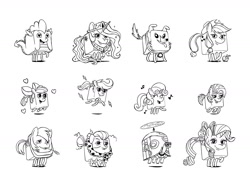 Size: 1600x1200 | Tagged: safe, artist:ekaterina oloy, imported from derpibooru, apple bloom, applejack, babs seed, big macintosh, granny smith, princess celestia, rarity, scootaloo, spike, sweetie belle, tank, winona, apple, applejack's hat, butterfly wings, concept art, cowboy hat, crown, dice, food, game, hat, jewelry, monochrome, official, regalia, simple background, singing, sketch, straw in mouth, white background, wings, yahtzee (game)