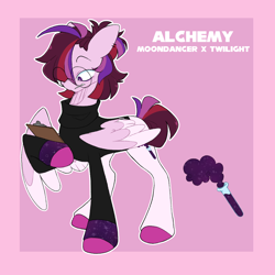 Size: 2000x2000 | Tagged: safe, artist:fieldofcloverz, imported from derpibooru, oc, oc:alchemy, pony, clipboard, clothes, colored wings, female, glasses, magical lesbian spawn, mare, offspring, parent:moondancer, parent:twilight sparkle, parents:twidancer, solo, sweater, two toned wings, wings