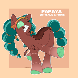 Size: 2000x2000 | Tagged: safe, artist:fieldofcloverz, imported from derpibooru, oc, oc:papaya, changepony, hybrid, interspecies offspring, magical lesbian spawn, offspring, one eye closed, parent:pinkie pie, parent:queen chrysalis, parents:chryssie pie, smiling, solo, wink