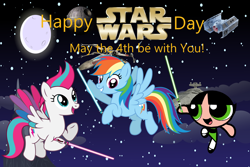 Size: 3000x2000 | Tagged: safe, artist:user15432, imported from derpibooru, rainbow dash, zipp storm, pegasus, buttercup (powerpuff girls), g5, g5 to g4, generation leap, lightsaber, may the fourth be with you, star wars, the powerpuff girls, weapon