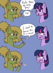 Size: 1407x1920 | Tagged: safe, artist:traphousefluttershy, imported from derpibooru, twilight sparkle, oc, oc:batter, bat pony, pony, unicorn, drugs, duo, duo female, female, horn, joint, mare, marijuana, modular, smoking, sparks, unicorn twilight