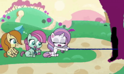 Size: 1232x736 | Tagged: safe, imported from derpibooru, caramel latte, potion nova, earth pony, pony, unicorn, my little pony: pony life, ai content, ai generated, animated, horn, minty (g4), no sound, pulling, rope, tree, trio, webm