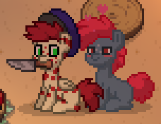 Size: 228x176 | Tagged: safe, imported from derpibooru, apple fritter, apple split, care package, special delivery, earth pony, pegasus, pony, pony town, apple family member, applepackage, blood, duo, duo male, gay, heart, knife, male, mouth hold, pixel art, shipping, sitting, sprite, stallion