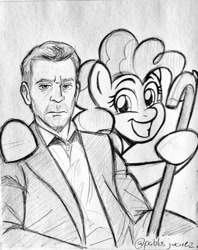 Size: 812x1024 | Tagged: safe, artist:pablosjuarez, imported from derpibooru, pinkie pie, earth pony, human, pony, cane, crossover, duo, duo male and female, female, grayscale, gregory house, grin, house m.d., looking at you, male, mare, monochrome, pencil drawing, signature, smiling, smiling at you, traditional art