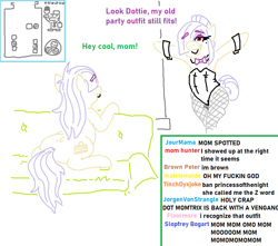 Size: 823x729 | Tagged: safe, artist:jargon scott, imported from derpibooru, oc, oc only, oc:dot matrix, oc:dot matrix's mom, earth pony, pony, bipedal, bucktooth, butt, chat, clothes, couch, cuffs (clothes), dialogue, dr. mario, duo, duo female, eyebrows, eyebrows visible through hair, female, fishnet clothing, fishnet pantyhose, hair over eyes, leotard, mare, mother and child, mother and daughter, open mouth, open smile, pantyhose, partial color, plot, smiling, streaming, text, wide hips
