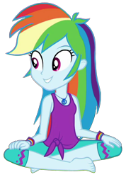 Size: 1320x1854 | Tagged: safe, edit, edited screencap, editor:jacksontormbaymaz, imported from derpibooru, screencap, rainbow dash, human, equestria girls, wake up!, spoiler:eqg series (season 2), background removed, clothes, crossed legs, geode of super speed, grin, hand on leg, jewelry, looking offscreen, magical geodes, my little pony equestria girls: choose your own ending, necklace, pants, shirt, simple background, sitting, sleeveless, sleeveless shirt, smiling, solo, tanktop, teenager, teeth, transparent background, wake up!: rainbow dash, wristband, yoga outfit, yoga pants