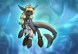 Size: 2388x1668 | Tagged: safe, artist:sketchinscruff, imported from derpibooru, oc, oc only, oc:somebodyaswell, original species, shark, shark pony, boots, clothes, coat, crepuscular rays, crown, dorsal fin, fin, fins, fish tail, jewelry, looking at you, necklace, ocean, regalia, shark tail, shoes, smiling, smiling at you, solo, sunlight, swimming, tail, underwater, water