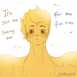 Size: 2048x2048 | Tagged: safe, artist:mikkybun, imported from derpibooru, flash sentry, pegasus, pony, blushing, male, partial color, signature, simple background, solo, song reference, spread wings, stallion, white background, wings