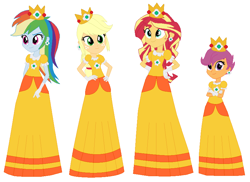 Size: 857x624 | Tagged: safe, artist:noahishere18, imported from derpibooru, applejack, rainbow dash, scootaloo, sunset shimmer, human, equestria girls, applejack also dresses in style, base used, base:selenaede, clothes, crossed arms, crown, cute, cutealoo, dashabetes, dress, female, freckles, gloves, gown, hand on hip, jackabetes, jewelry, poofy shoulders, princess daisy, rainbow dash always dresses in style, regalia, scootaloo also dresses in style, shimmerbetes, siblings, simple background, sisters, super mario, white background