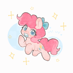 Size: 480x480 | Tagged: safe, artist:velvet.围围, imported from derpibooru, pinkie pie, earth pony, pony, abstract background, animated, blinking, bow, chest fluff, female, filly, foal, full body, hair bow, looking at you, solo, sparkles