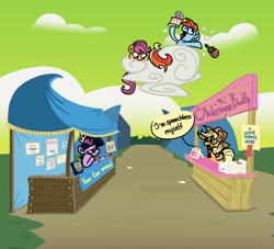 Size: 2200x2000 | Tagged: safe, alternate version, artist:mafon, imported from derpibooru, applejack, rainbow dash, scootaloo, twilight sparkle, earth pony, pegasus, pony, unicorn, booth, cloud, fair, green sky, horn