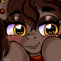 Size: 1200x1200 | Tagged: safe, artist:anykoe, imported from derpibooru, oc, oc:anchor sway, earth pony, big eyes, blushing, brown mane, brown skin, ear piercing, earring, earth pony oc, female, heart, heart eyes, jewelry, looking at you, piercing, signature, solo, wingding eyes