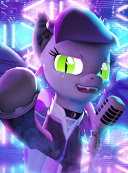 Size: 1605x2160 | Tagged: safe, artist:wintergleam, imported from derpibooru, oc, oc:threnody (wintergleam), bat pony, 3d, bat pony oc, bat wings, bust, choker, clothes, fangs, female, jewelry, mare, microphone, necklace, neon, performance, portrait, singing, slit pupils, solo, spread wings, wings