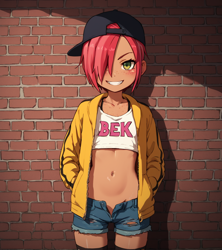 Size: 1024x1152 | Tagged: safe, babs seed, human, /jdb/, ai generated, backwards ballcap, baseball cap, cap, clothes, denim shorts, freckles, hat, humanized, jacket, lolicon, shorts