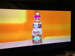 Size: 3264x2448 | Tagged: safe, imported from derpibooru, sunny starscout, chocolate, chocolate milk, drink, food, g5, good2grow, merchandise, milk, photo, picture of a screen, the price is right
