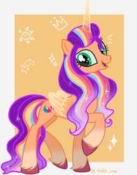Size: 2262x2884 | Tagged: safe, artist:violletvine, imported from derpibooru, sunny starscout, alicorn, pony, alternate design, alternate hairstyle, artificial horn, artificial wings, augmented, beautiful, coat markings, concave belly, eyelashes, female, folded wings, g4 style, g5, horn, long horn, long mane, long tail, magic, magic horn, magic wings, mane stripe sunny, mare, older, older sunny starscout, open mouth, passepartout, princess sunny starscout, race swap, signature, slender, socks (coat markings), solo, standing on two hooves, sunnycorn, tail, thin, unshorn fetlocks, wings