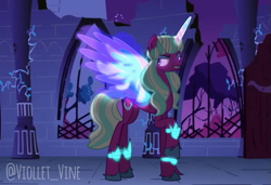 Size: 789x539 | Tagged: safe, artist:violletvine, imported from derpibooru, opaline arcana, alicorn, pony, castle of the royal pony sisters, concave belly, female, fire alicorn, g5, horn, lanky, leg band, long horn, long legs, long mane, looking back, mare, night, raised hoof, ruins, signature, skinny, sky, solo, spread wings, tall, thin, unshorn fetlocks, wings