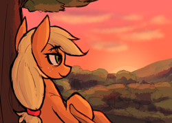 Size: 2200x1578 | Tagged: safe, artist:sleepyhoers, imported from derpibooru, applejack, earth pony, pony, apple, cloud, female, food, hat, mare, orchard, ponytail, smiling, solo, sunset, tree