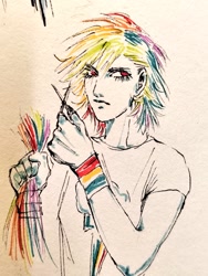 Size: 768x1024 | Tagged: safe, artist:diofuck, imported from derpibooru, rainbow dash, human, equestria girls, alternate hairstyle, female, haircut, scissors, simple background, solo, traditional art, white background, wristband