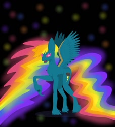 Size: 925x1018 | Tagged: safe, artist:thecresucion, imported from derpibooru, rainbow dash, pegasus, pony, colored sclera, couteau, darkened coat, ethereal hair, gameloft, gameloft interpretation, long hair, modified cutie mark, multicolored background, nightmare dash, nightmare rainbow dash, nightmarified, pauldrant, rerebrant, slit pupils, solo, spread wings, unshorn fetlocks, vambrant, wings