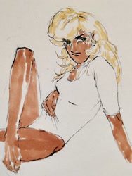 Size: 1536x2048 | Tagged: safe, artist:diofuck, imported from derpibooru, applejack, human, female, humanized, simple background, sitting, solo, tan skin, traditional art, white background