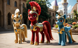 Size: 1656x1024 | Tagged: safe, imported from twibooru, oc, oc only, earth pony, pegasus, pony, unicorn, ai generated, armor, armored pony, building, canterlot, city, female, generation errors, generator:pony realism 2.2, golden armor, group, helmet, horn, image, looking at you, male, mare, offscreen character, pegasus wings, photorealistic, plants, png, prompter:metavoid, realistic, realistic background, royal guard, stallion, stern, tower, trio, ultrarealistic, wings