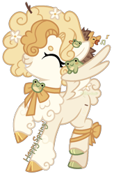 Size: 822x1251 | Tagged: safe, artist:bailderdash, imported from derpibooru, oc, oc only, oc:frog spawn, bird, frog, pegasus, pony, sheep, sheep pony, ^^, animal, beanbrows, chest fluff, chick, cloven hooves, coat markings, colored chest fluff, colored hooves, colored lineart, colored muzzle, curly mane, curly tail, cute, eyebrows, eyes closed, feathered wings, flower, flower in hair, flower in tail, full body, green hooves, grin, hairclip, hooves, leg ribbon, mismatched hooves, multicolored hooves, music notes, neck bow, pegasus oc, ribbon, sheep oc, shiny hooves, short tail, side view, simple background, smiling, socks (coat markings), solo, spring, tail, transparent background, twig, twigs in hair, unshorn fetlocks, walking, watermark, wings