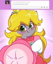 Size: 751x900 | Tagged: safe, artist:senseidezzy, imported from derpibooru, oc, oc:aero, pegasus, pony, semi-anthro, ask, blushing, clothes, crossdressing, crossover, male, male oc, pegasus oc, princess peach, skirt, solo, stallion, super mario, super mario bros., tumblr, wings