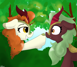 Size: 3000x2632 | Tagged: safe, artist:aubs, imported from derpibooru, autumn blaze, cinder glow, summer flare, kirin, boop, bush, grin, looking at each other, looking at someone, newbie artist training grounds, smiling