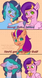 Size: 875x1605 | Tagged: safe, artist:aterhut, imported from derpibooru, pipp petals, sunny starscout, 3 panel comic, blushing, comic, dialogue, female, g5, lesbian, mane stripe sunny, misty brightdawn, mistypetals, orange background, pointing, shipping, simple background, trio, trio female