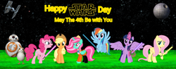 Size: 1166x459 | Tagged: safe, artist:lizzmcclin, imported from derpibooru, applejack, fluttershy, pinkie pie, rainbow dash, twilight sparkle, oc, oc:lizzie, alicorn, bb-8, may the fourth be with you, star wars, twilight sparkle (alicorn)