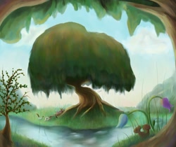 Size: 1024x859 | Tagged: safe, artist:yenne_sistint, imported from derpibooru, fluttershy, pegasus, animal, cloud, crying, cute, scenery, sky, tree, water