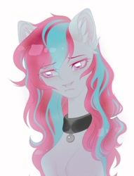 Size: 978x1280 | Tagged: safe, artist:zemyan, imported from derpibooru, oc, oc only, pony, collar, ear fluff, eyelashes, female, mare, sad, simple background, solo, white background