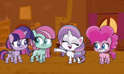 Size: 1232x736 | Tagged: safe, imported from twibooru, minty, pinkie pie, potion nova, twilight sparkle, alicorn, a camping we will go, my little pony: pony life, ai content, all that jitters, animated, image, twilight sparkle (alicorn), webm